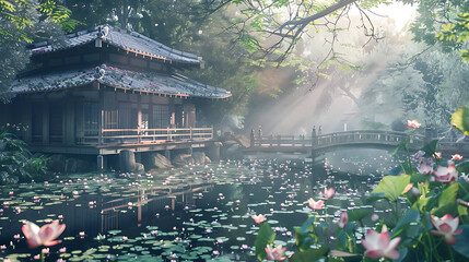 Serene Japanese Garden with Traditional Wooden Architecture, Tranquil Pond, and Soft Sunlight Filtering Through Lush Greenery, Ideal for Peaceful Landscape Imagery