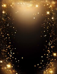 Glimmering gold sparkles on black background. Festive, luxurious backdrop.