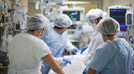 Obraz premium Healthcare Professionals in Surgical Scrubs Collaborate in Busy Hospital Setting with Medical Equipment and Monitors in Modern Intensive Care Unit