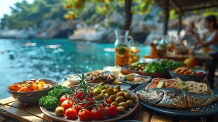 A Mediterranean-style meal setting with a variety of dishes such as grilled fish, hummus, olives, and a fresh Greek salad