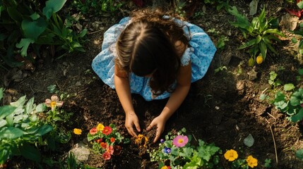 Young Girl Engaged in Gardening, Nurturing Colorful Flowers in a Blooming Garden, Surrounded by Lush Greenery and Natural Beauty