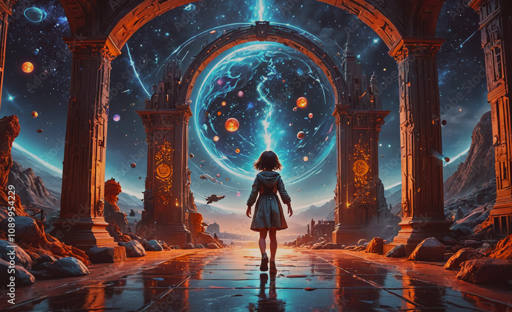 Poster a girl is walking through a tunnel in a space filled with planets and stars. the tunnel is surrounde