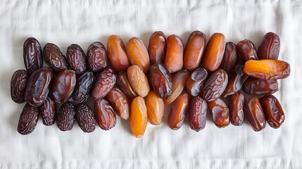 Row of various dried dates displayed on white fabric, perfect for food product packaging design or healthy snack advertising materials.