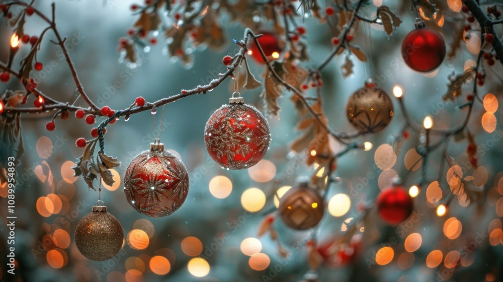 Aufkleber red and gold christmas ornaments hanging from a tree branch with red berries and soft bokeh lights i