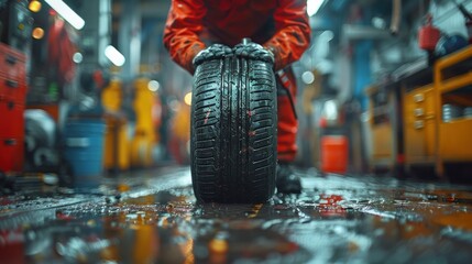 A mechanic balancing and aligning car tires with specialized equipment, ensuring proper handling and performance.