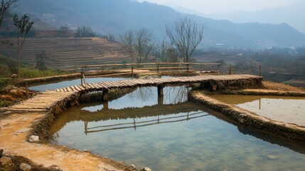 Fototapeta premium Tranquil Rice Terraces Reflected in Serene Water, Wooden Bridge Connecting Scenic Fields, Misty Mountains in Background, Peaceful Rural Landscape in Asia