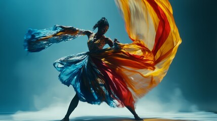 Graceful dancer in vibrant flowing fabric.