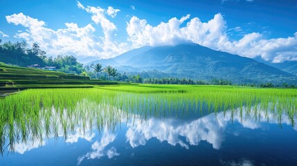 Fototapeta premium Lush Green Rice Fields Reflected in Still Water Under Bright Blue Sky with Fluffy White Clouds and Majestic Mountains in the Background