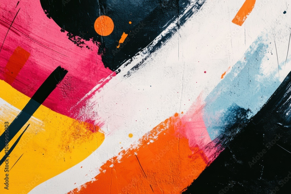 Poster bold colors dance across the canvas with energetic brush strokes and geometric shapes, showcasing mo