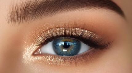 Obraz premium Close-Up of Stunning Blue Eye with Glittering Makeup and Natural Eyebrow, Showcasing Beautiful Eye Makeup Techniques and Eye Color Enhancements