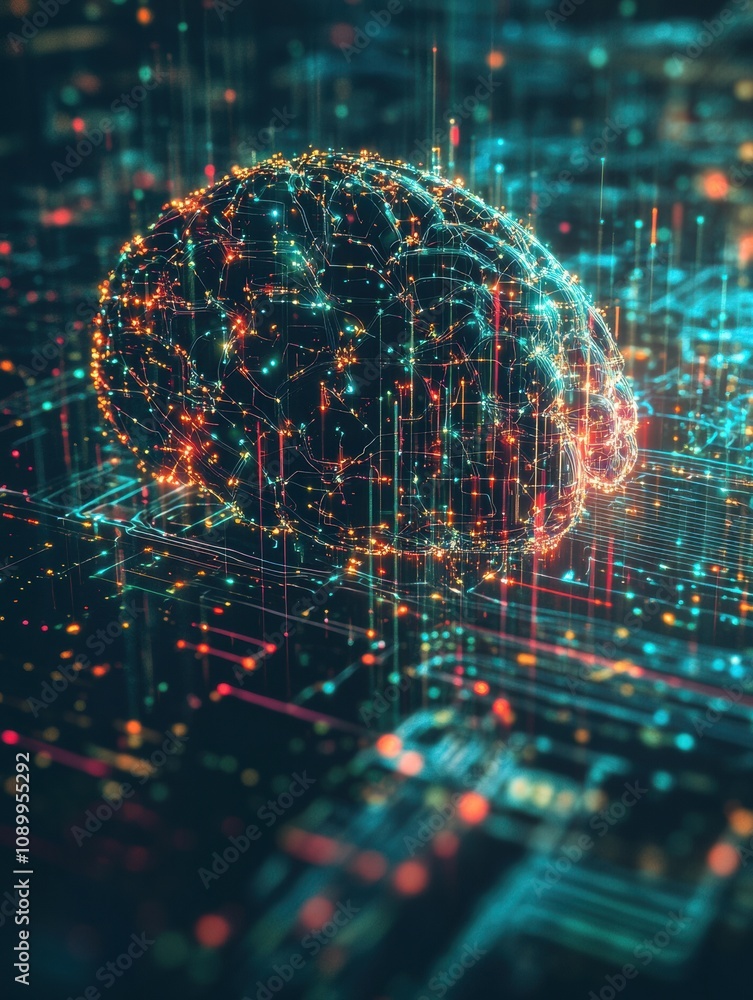 Aufkleber Vivid digital brain depicted in a network of glowing lines and data points, symbolizing advanced technology and cognitive processes. Generative AI