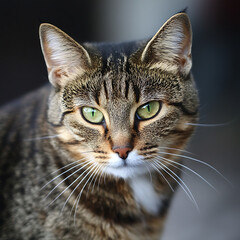 Fototapeta premium Close-up Portrait of a Striped Cat with Bright Green Eyes, Capturing the Intricate Details of Its Face and Unique Patterns in Natural Light