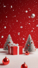 Obraz premium 3D rendering of Christmas gift boxes on a snowy background with a red backdrop, C4D modeling, in a cute cartoon style, with a minimalist art style, a simple structure, and a clean