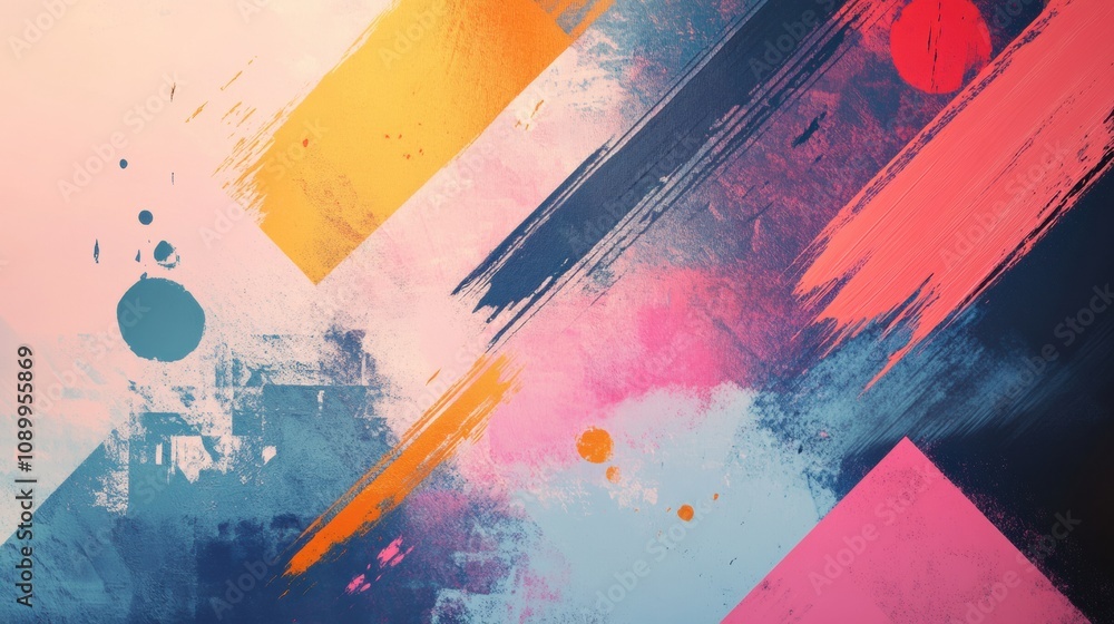 Poster Multicolored paint strokes and geometric shapes converge to form an energetic abstract artwork that captivates the viewer's attention. Generative AI