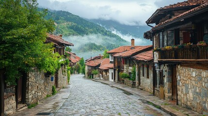 Fototapeta premium Picturesque Cobblestone Street Surrounded by Rustic Houses and Lush Green Hills Under a Cloudy Sky in a Tranquil Village Setting