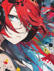 Naklejka premium Vibrant Portrait of a Young Woman with Red Hair and Headphones Surrounded by Colorful Splashes, Capturing Music and Artistic Expression in a Unique Style