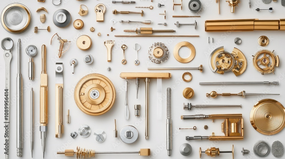 Poster an array of gold and silver tools and components spreading across a white background, ideal for indu