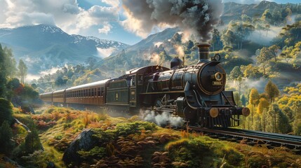 A steam train making its way through a foggy landscape, creating a mysterious atmosphere.
