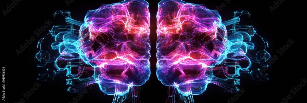 Poster abstract visualization showcases a digital brain filled with vibrant colors, symbolizing thoughts an