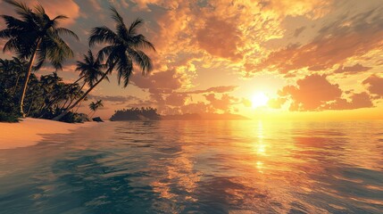 Serene Beach Sunset Over Calm Waters with Tropical Palm Trees and Fiery Clouds Casting Golden Reflections in the Ocean Highlighting Nature's Tranquility and Beauty