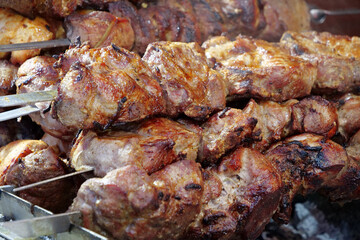 Meat on skewers. Grilled shashliks in a shashlik shop