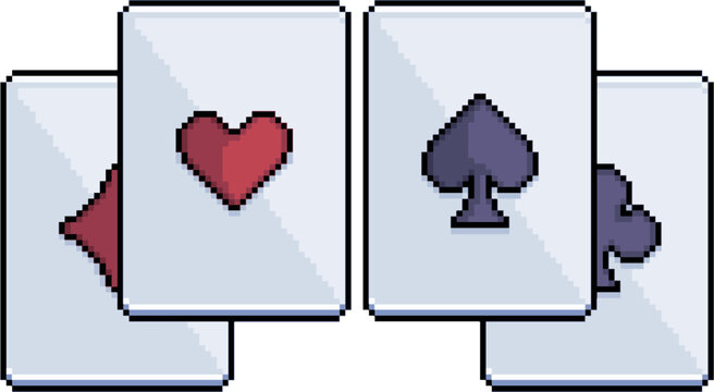 Pixel art Four playing cards with the four suits in 8-bit style on white background