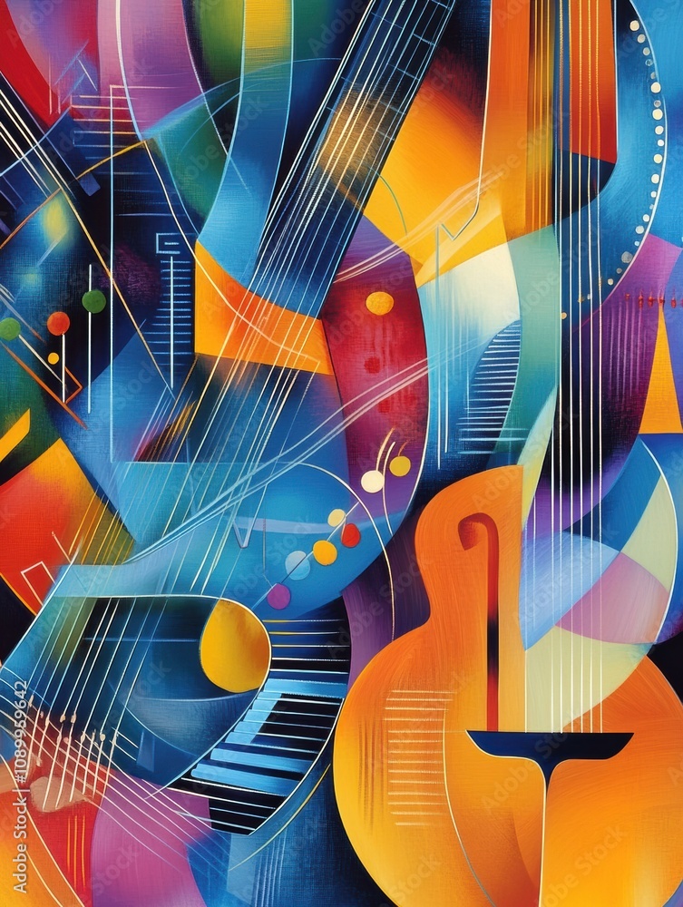 Poster dynamic shapes and forms illustrate sound waves and musical notes intertwining in an abstract celebr