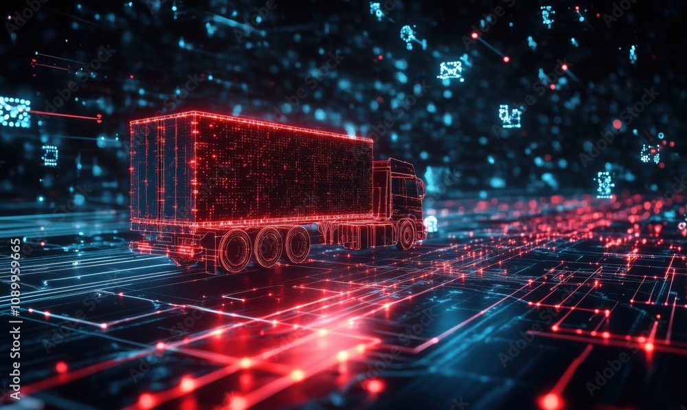 Poster digital truck in futuristic environment, glowing lines and data streams, 3d rendering of transportat