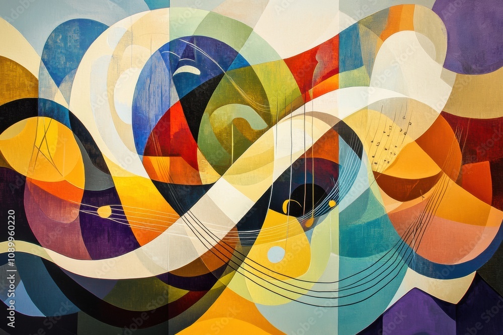 Poster dynamic shapes and vibrant colors create a lively abstract depiction of sound waves and musical elem