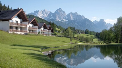 Serene Landscape Featuring Modern Chalets Nestled by Reflective Lake Amidst Majestic Mountains and Lush Greenery Under Clear Blue Sky