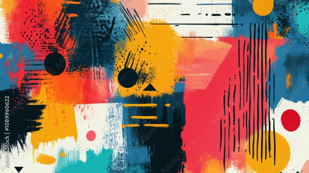 Poster vibrant brush strokes and bold geometric shapes create an energetic composition reflecting modern ar