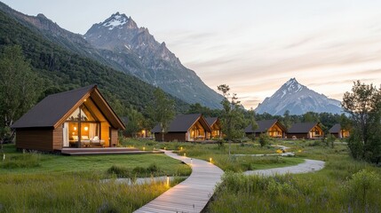 Obraz premium Cozy wooden cabins nestled in a serene valley surrounded by majestic mountains, showcasing tranquil nature and scenic beauty at dusk's golden hour.