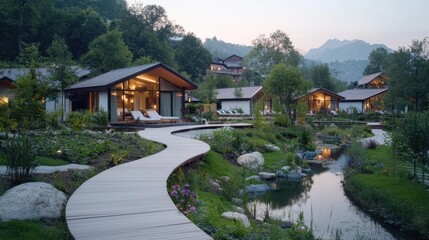 Fototapeta premium Tranquil Nature Retreat Amidst Lush Greenery and Serene Water Features with Cozy Lodges in the Background at Twilight