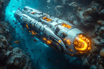 A futuristic underwater research vehicle equipped with robotic arms and sensors, exploring the ocean floor and surrounded by marine life, highlighting advanced ocean technology.
