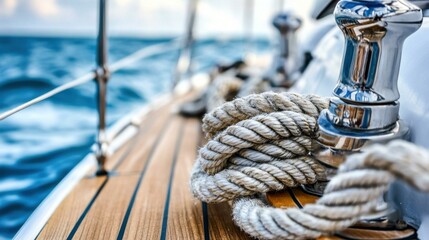 Obraz premium Explore Nautical Adventures: A Close-Up of Sailing Deck Ropes Amidst the Ocean Waves