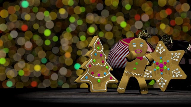 Dancing gingerbread man next to gingerbread cookies in tree and star shape on wooden table against defocused lights background. Loop sequence. 3D animation