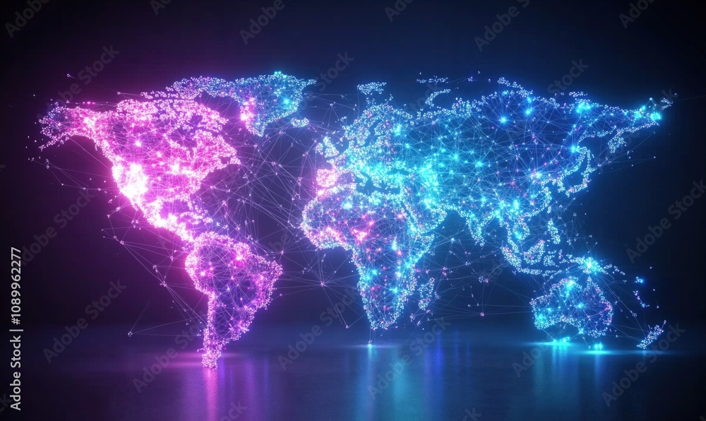 Poster digital world map with glowing connections, vibrant colors, intricate network of nodes and lines rep