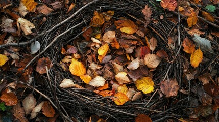 Fototapeta premium Cozy Nest of Autumn Leaves Surrounded by Branches in a Tranquil Forest Setting, Capturing the Essence of Nature's Transition to Fall