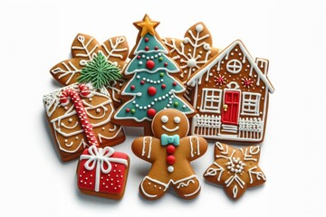 Obraz premium Lebkuchen in Form von Baum, Haus, Geschenk und Lebkuchenmann, detailreich mit Zuckerguss verziert, in weihnachtlicher Harmonie arrangiert. Generative KI