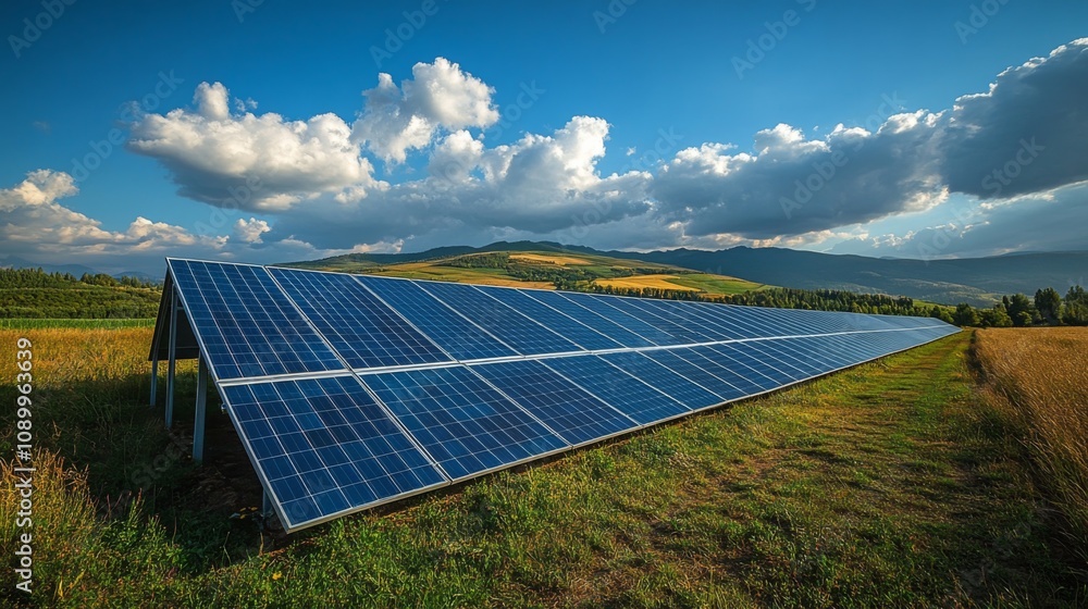 Poster A large array of solar panels captures sunlight against a backdrop of rolling hills and a dramatic sky. The installation showcases renewable energy in a tranquil rural setting.