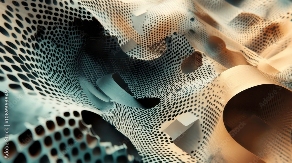 Poster abstract 3d background with a textured surface of holes and dots.