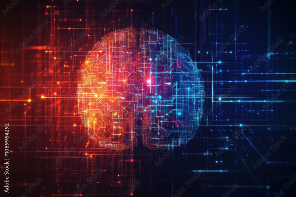 Aufkleber a vivid digital brain illustration featuring interconnected neural patterns in red and blue, symboli