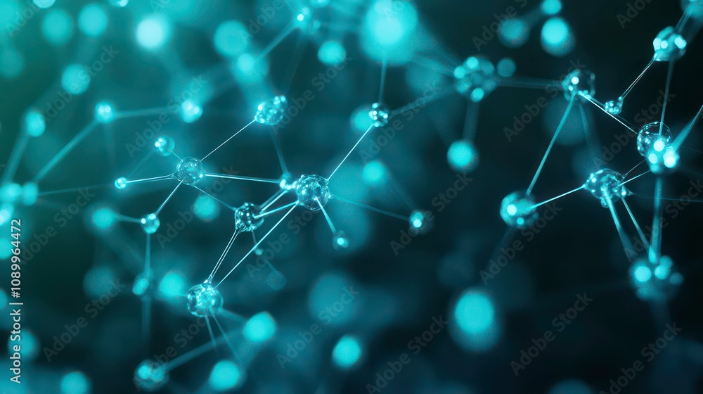 Poster abstract glowing blue network of interconnected dots and lines on a dark background.