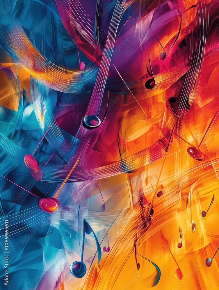 Poster vibrant colors intertwine to create an abstract display of sound waves, musical notes, and instrumen
