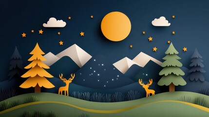 Naklejka premium Nighttime Forest Scene with Deer and Moonlight