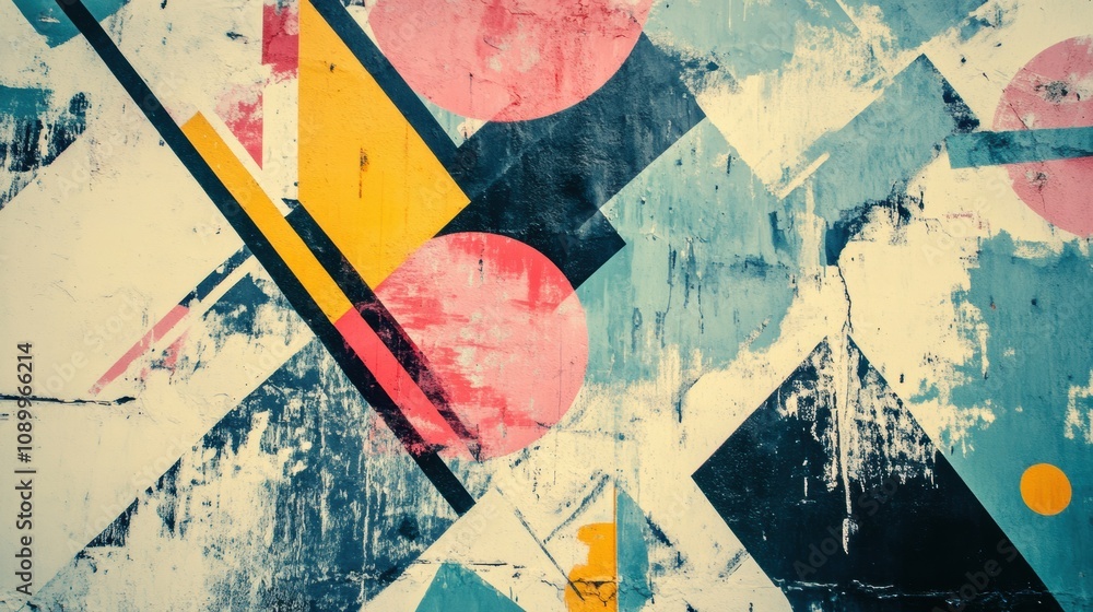 Poster vibrant strokes and geometric shapes merge in a striking display of color and creativity on a textur