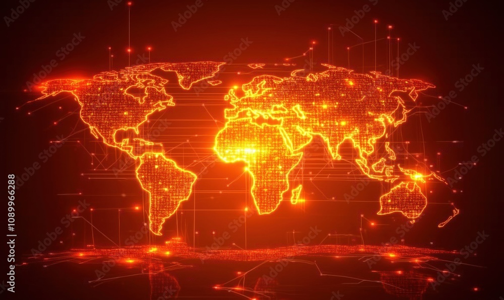 Poster glowing world map with digital grid, bright orange lines and dots, representing global connectivity 