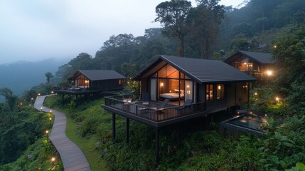 Fototapeta premium Serene Mountain Retreat with Modern Cabins Surrounded by Lush Greenery and Foggy Atmosphere, Perfect for Nature Lovers and Peaceful Getaways