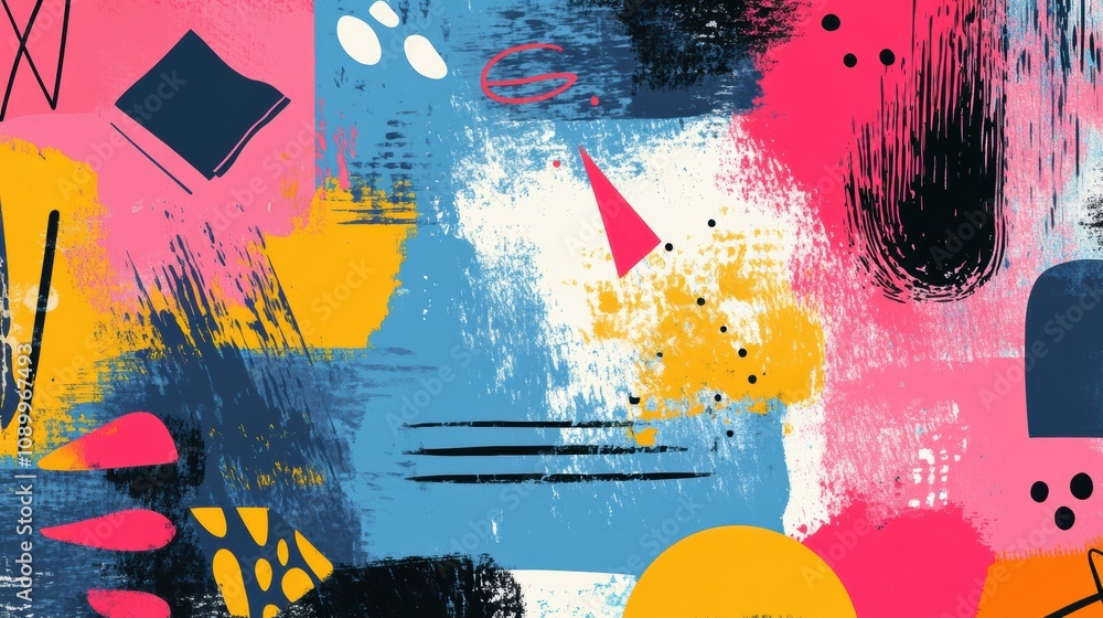 Poster bright, expressive paint strokes and bold geometric shapes intertwine, creating a dynamic abstract c