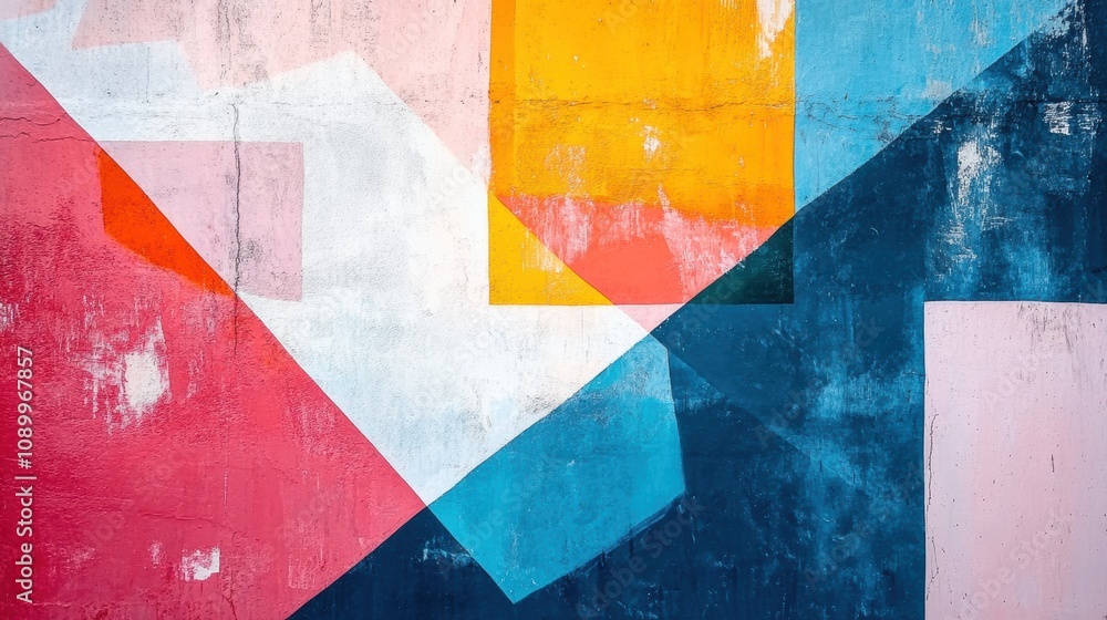 Poster bright colors blend with soft brush strokes, forming geometric shapes that energize the textured wal
